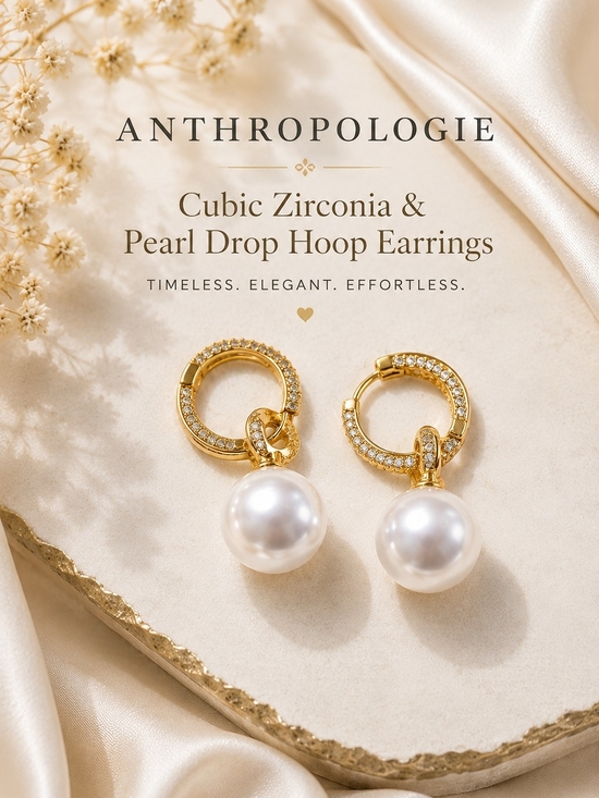 Anthropologie Jewelry - Anthropologie CZ & Faux Pearl Drop Hoop Earrings Gold Tone NWOT